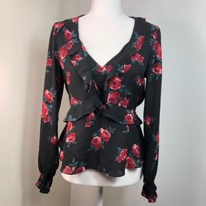 Black and red Roses print blouse S-4 long sleeve